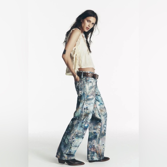 Free People We The Free Tennessee Low-Rise Illusions Jeans Floral Canvas NEW - Picture 4 of 9